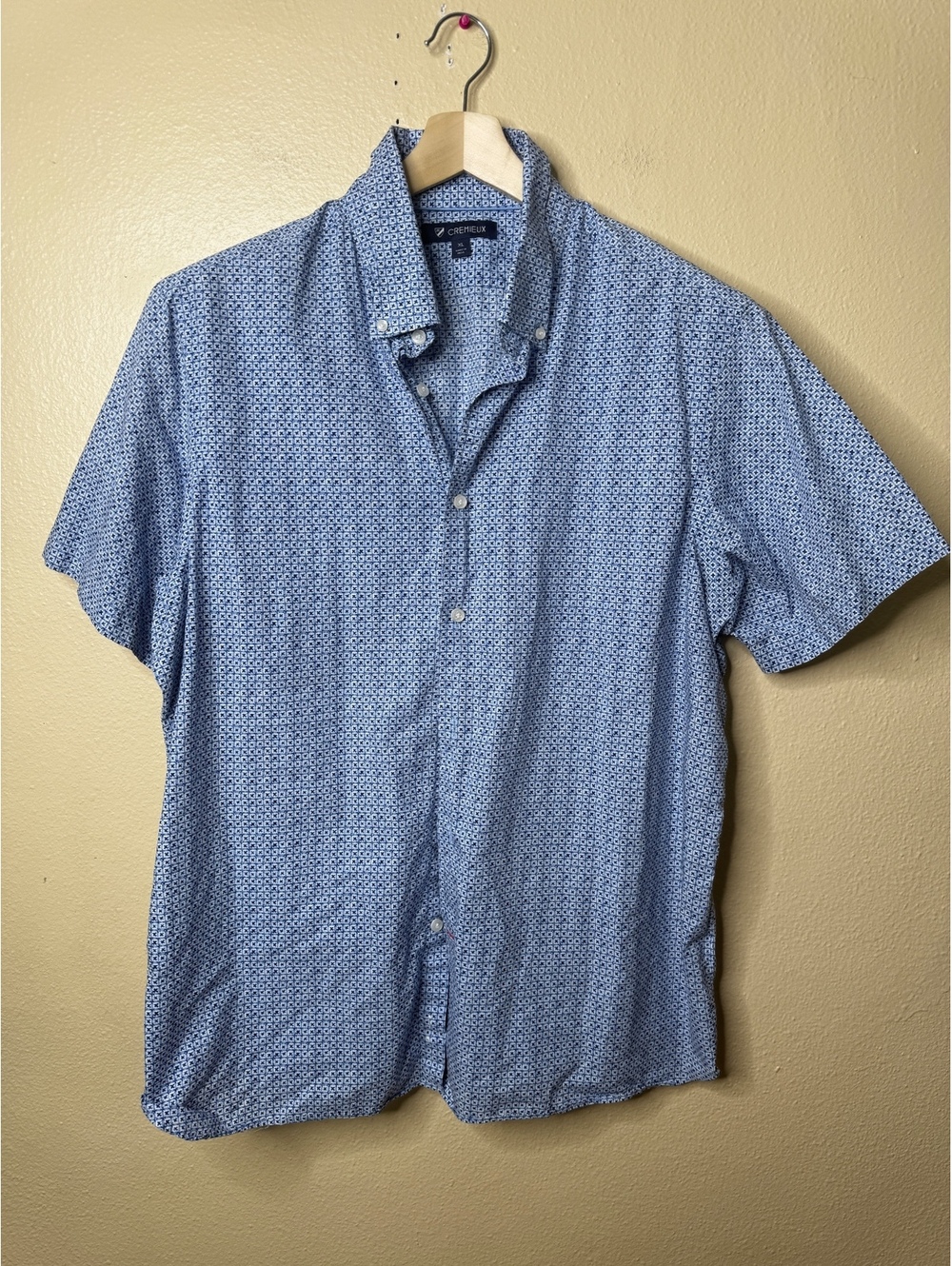 Cremieux 38 Men’s XL Blue White Geometric Button Front Shirt Short Sleeve Resort